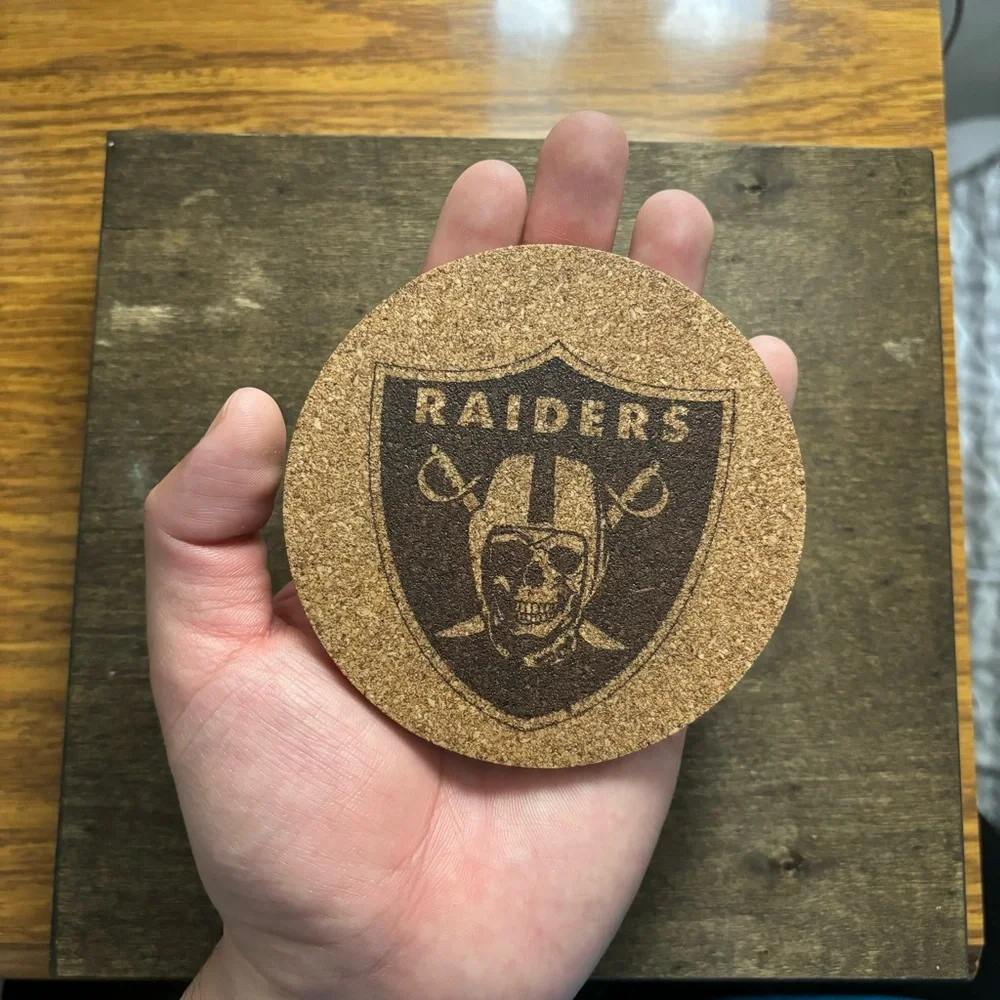 Raiders Skull Logo Laser Engraved Cork Coaster